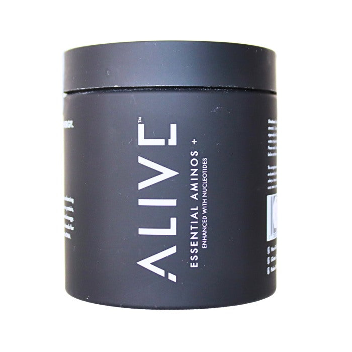 Alt tag: ALIVE Essential Aminos+, a dietary supplement enhanced with nucleotides, designed to support muscle recovery, performance, and overall wellness with essential amino acids.