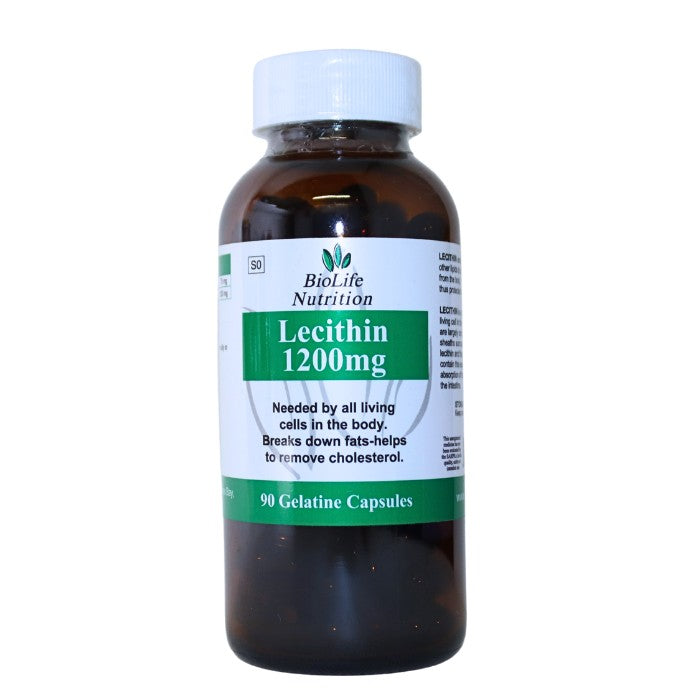 Alt tag: "BioLife Nutrition Lecithin 1200mg bottle containing 90 gelatine capsules for supporting cell health and breaking down fats to help remove cholesterol."