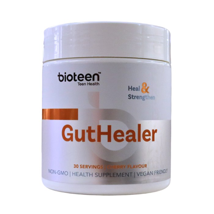 Bioteen GutHealer cherry flavour supplement designed to heal and strengthen digestion, non-GMO, vegan-friendly teen health support.