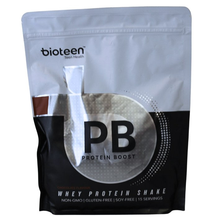 Alt tag: Bioteen Protein Boost Whey Protein Shake, a nutritional supplement formulated for teen health, made with non-GMO, gluten-free, and soy-free ingredients.