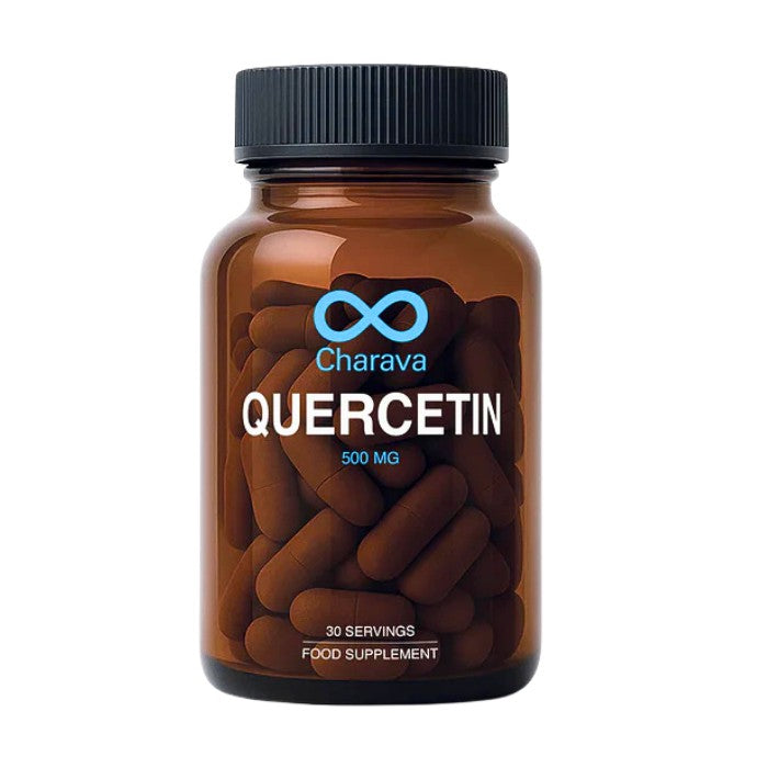 Alt tag: Charava Quercetin 500mg, 30 servings, a food supplement that supports immune health, antioxidant protection, and respiratory wellness.