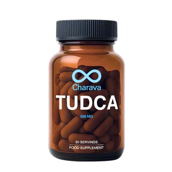 Alt tag: Charava TUDCA 500mg, 30 servings, a food supplement that supports liver health, detoxification, and overall cellular protection.