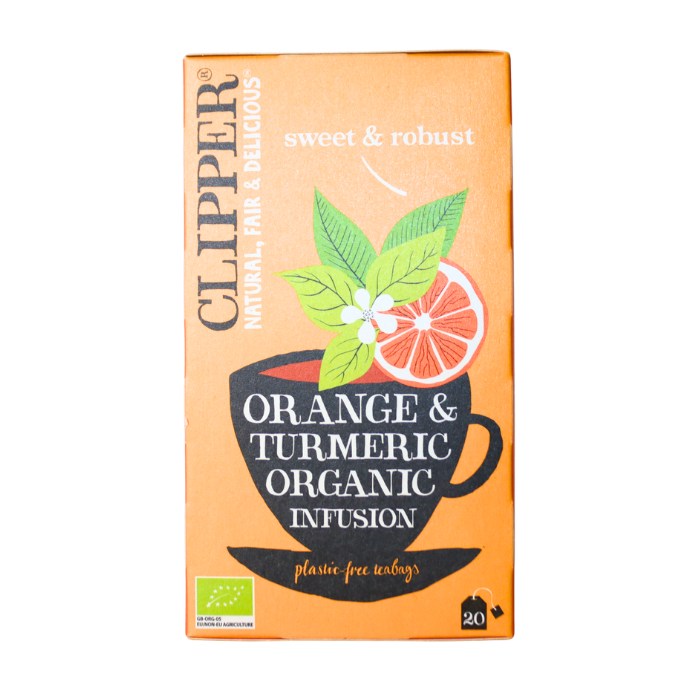 Alt tag: Clipper Orange & Turmeric Organic Infusion tea, a sweet and robust blend that supports digestion, immunity, and overall wellness.