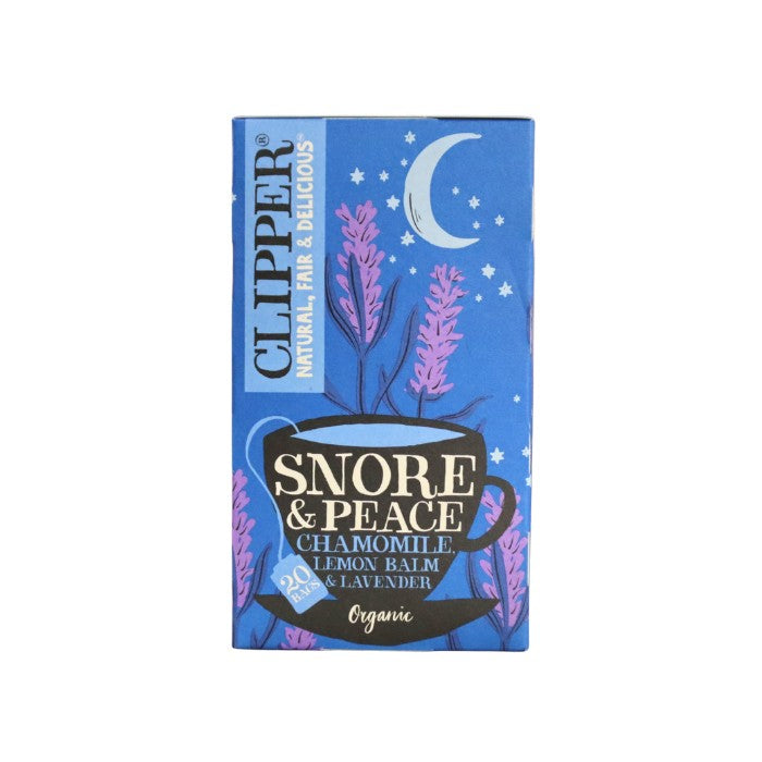 Alt tag: Clipper Snore & Peace Organic Tea with chamomile, lemon balm, and lavender, a calming blend to support relaxation and restful sleep.