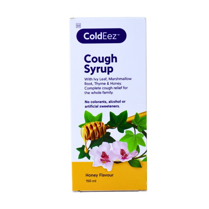 Alt tag: Box of ColdEez Cough Syrup Honey Flavour, a natural cough relief syrup with ivy leaf, marshmallow root, thyme, and honey, free from colorants, alcohol, and artificial sweeteners, 150ml.