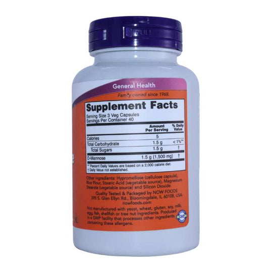 Back view of NOW D-Mannose 500mg, 120 Veg Capsules, featuring supplement facts and ingredient details.