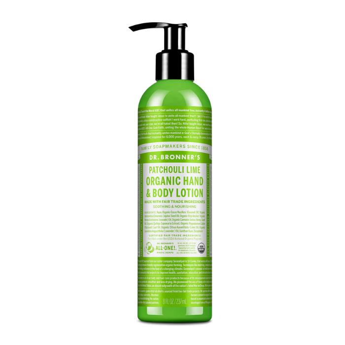 Dr. Bronner's Patchouli Lime Organic Hand & Body Lotion, 237ml – Soothing, nourishing fair trade lotion with organic ingredients, available at The Good Stuff.