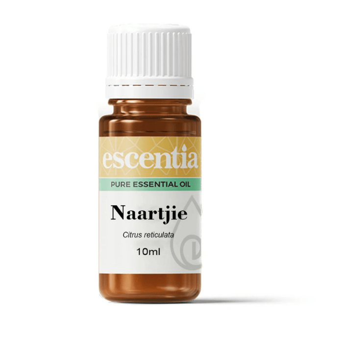 Escentia Naartjie Essential Oil – A sweet, calming citrus oil for relaxation, improving skin health, and easing nervous tension, 10ml bottle.
