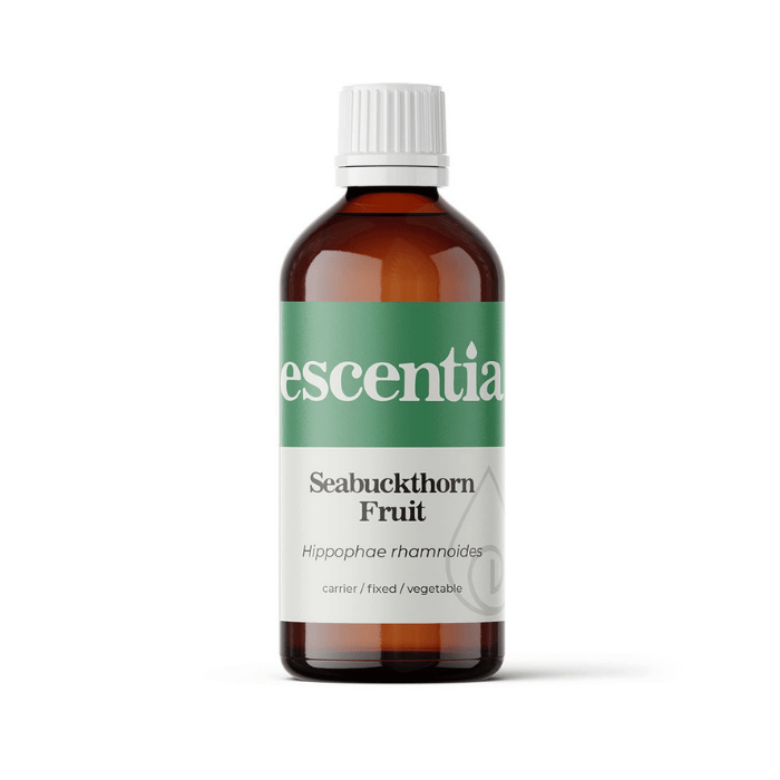 Escentia Sea Buckthorn Fruit Oil, cold-pressed, rich in antioxidants and omega fatty acids, nourishes, hydrates, and rejuvenates skin.