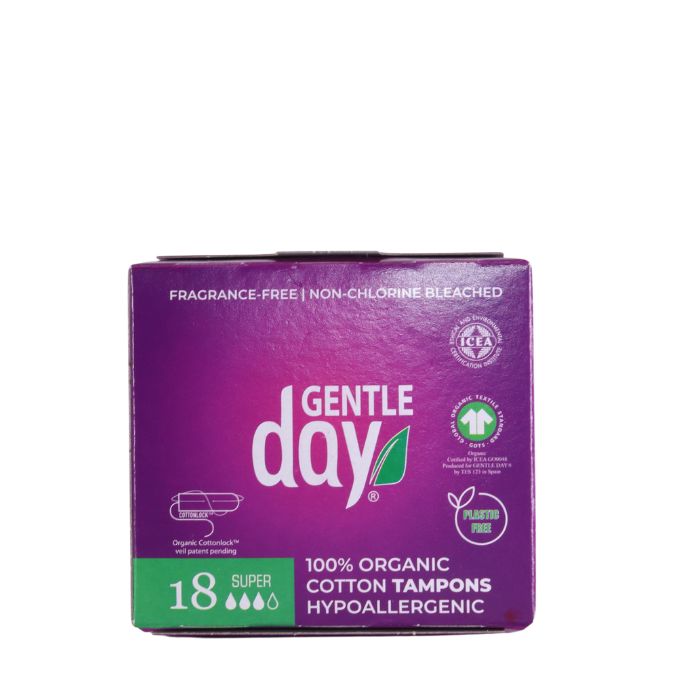 Gentle Day 18 super tampons, 100% organic cotton, hypoallergenic, fragrance-free, non-chlorine bleached, and plastic-free packaging.