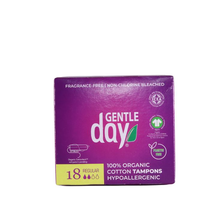 Gentle Day 18 regular tampons, 100% organic cotton, hypoallergenic, fragrance-free, non-chlorine bleached, and plastic-free packaging.