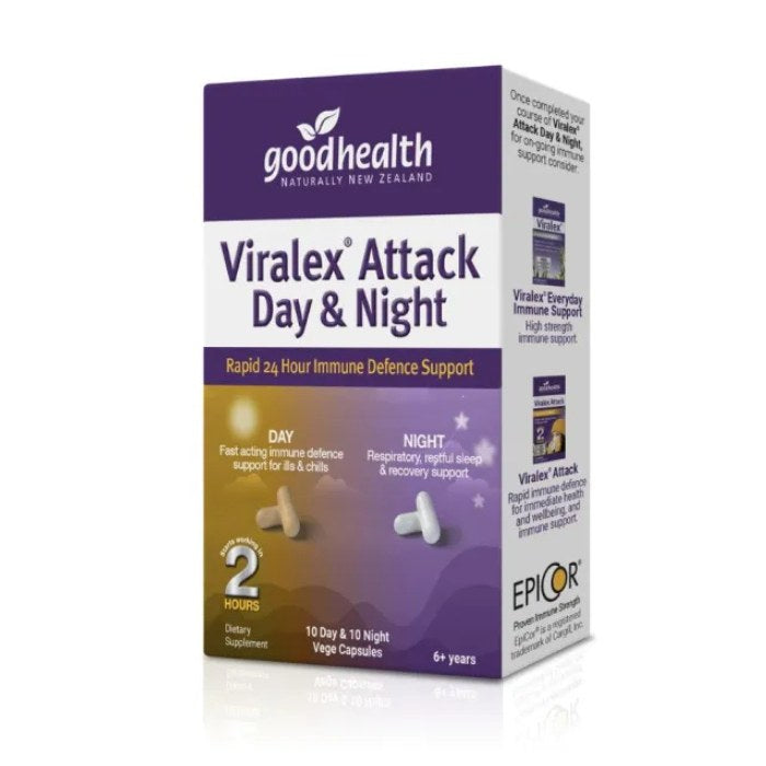Viralex Attack Day & Night provides 24-hour immune support with fast-acting day and restful night formulas for overall wellness.