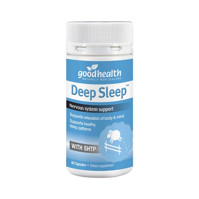 Good Health Deep Sleep 60 capsules, with 5HTP, supporting relaxation, nervous system health, and healthy sleep patterns.