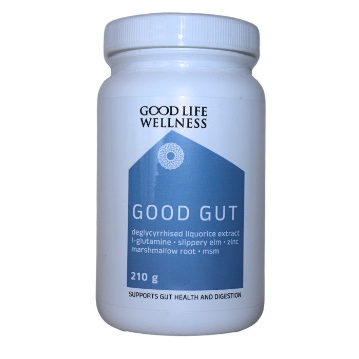 Good Life Wellness Good Gut promotes digestive health with ingredients like l-glutamine, slippery elm, zinc, and marshmallow root for gut lining support.