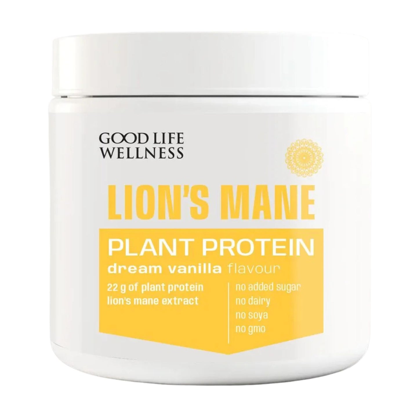 Good Life Wellness Lion’s Mane Plant Protein Dream Vanilla is a Lions Mane and pea protein blend delivering 22g plant protein to support focus, muscle recovery, and daily nutrition without dairy or soy.