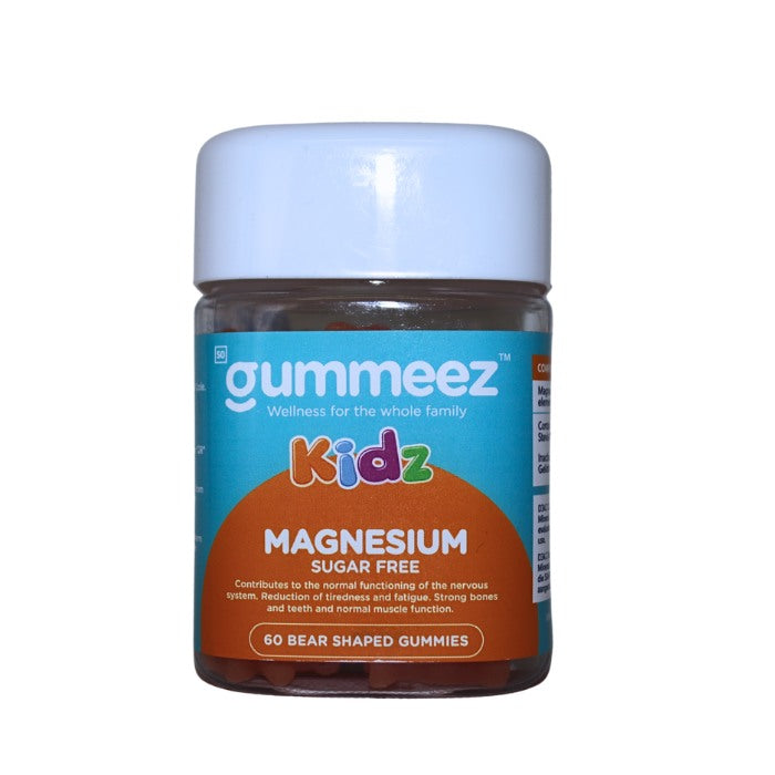 Alt tag: Gummeez Kidz Magnesium Sugar Free, a children's dietary supplement supporting nervous system function, muscle health, and reducing fatigue with bear-shaped gummies.