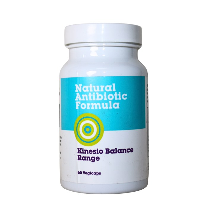 Alt text: Natural Antibiotic Formula Kinesio Balance Range supplement in vegicap form to support immune health and help combat bacterial infections naturally.