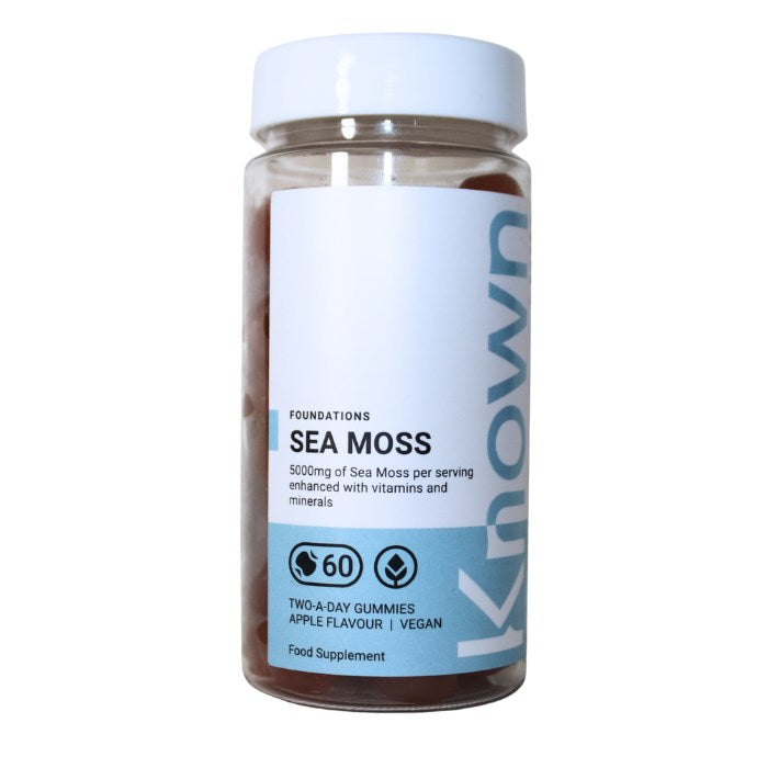 Alt text: Known Sea Moss gummies delivering 5000mg per serving, enriched with essential vitamins and minerals, vegan-friendly, and apple flavoured for daily wellness support.