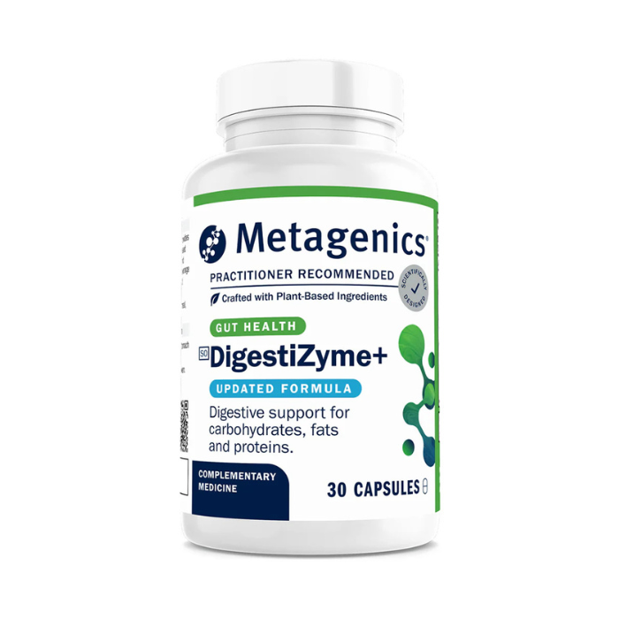 Metagenics DigestiZyme+ digestive enzyme complex to support nutrient absorption, gut health and healthy digestion of meals.