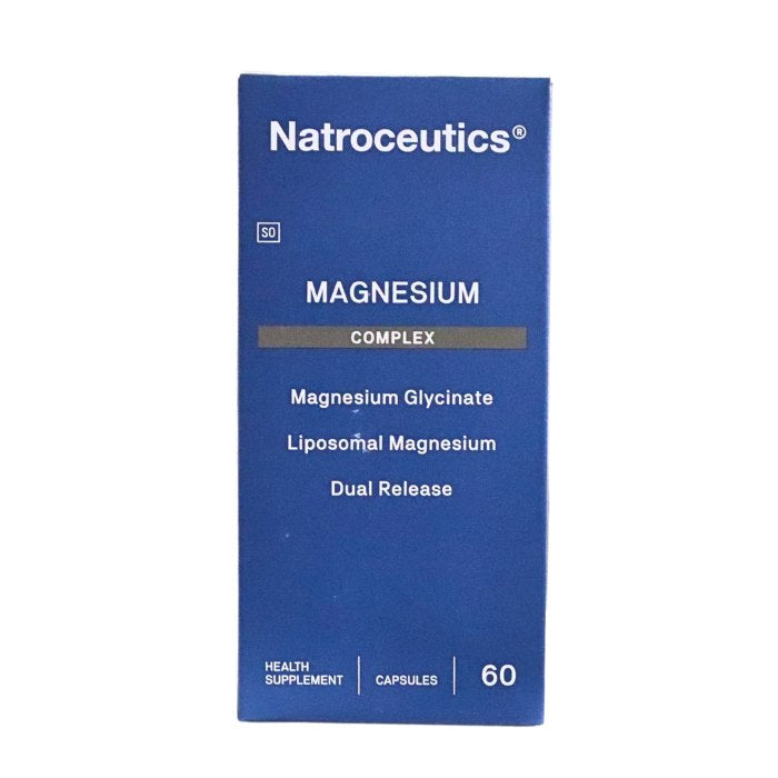Natroceutics Magnesium Complex supplement featuring Magnesium Glycinate and Liposomal Magnesium with advanced dual release formula.