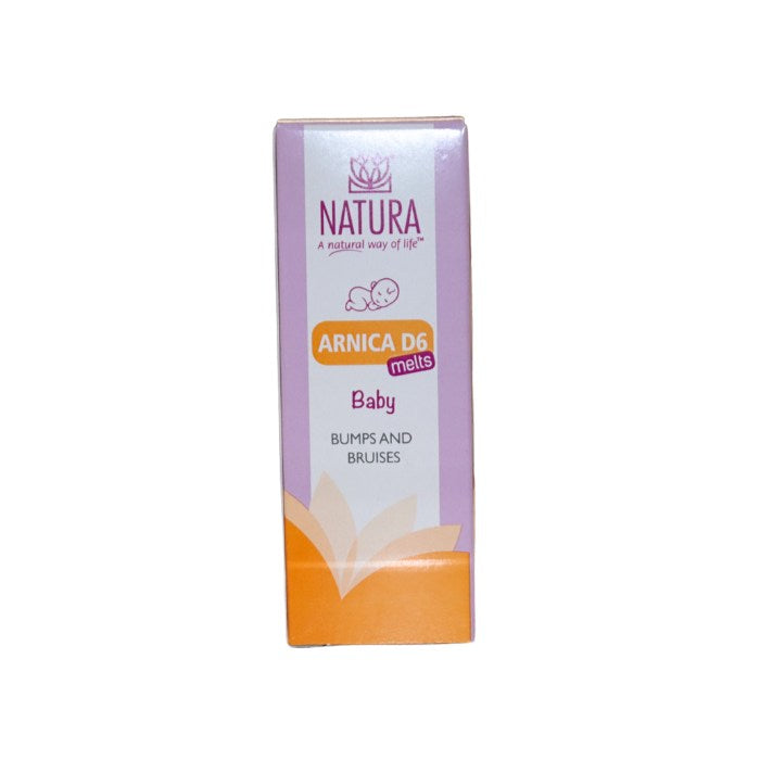 Natura Arnica D6 Melts Baby – gentle homeopathic remedy for babies to soothe bumps, bruises, and minor injuries naturally.
