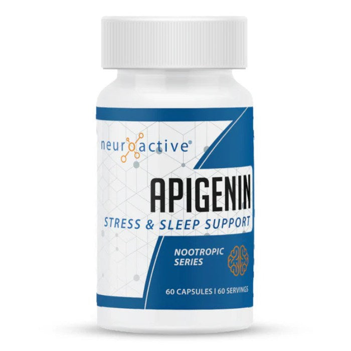 Alt tag: Bottle of NeuroActive Apigenin Stress & Sleep Support, a nootropic supplement designed to promote relaxation, reduce stress, and support restful sleep with 60 capsules per bottle.