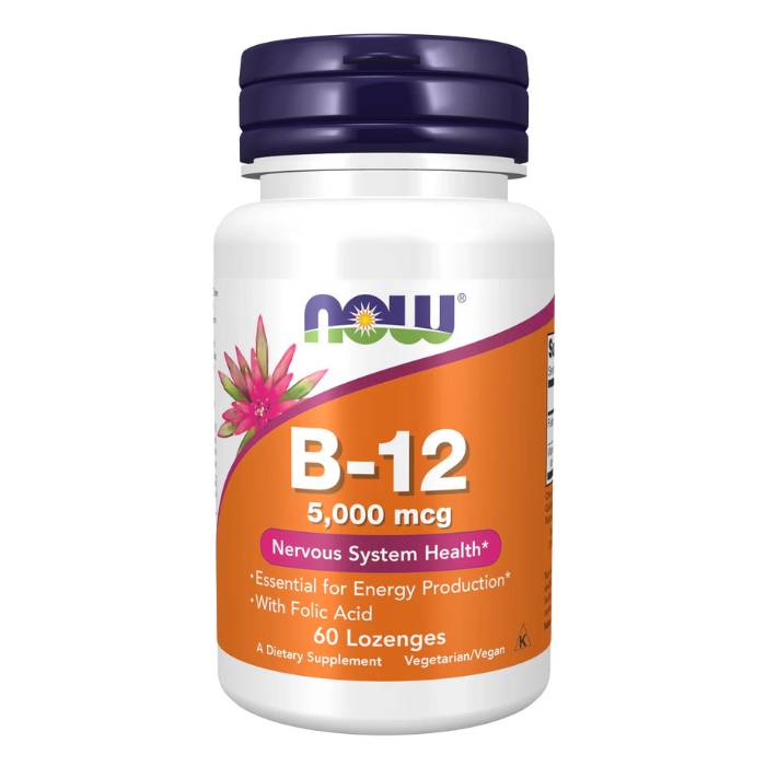 NOW B-12 5000 mcg, supports nervous system health, essential for energy production, with folic acid, 60 vegan lozenges, dietary supplement.