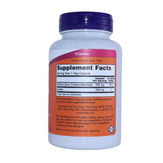 NOW Choline & Inositol supplement facts detailing Choline and Inositol content for cognitive and liver support.