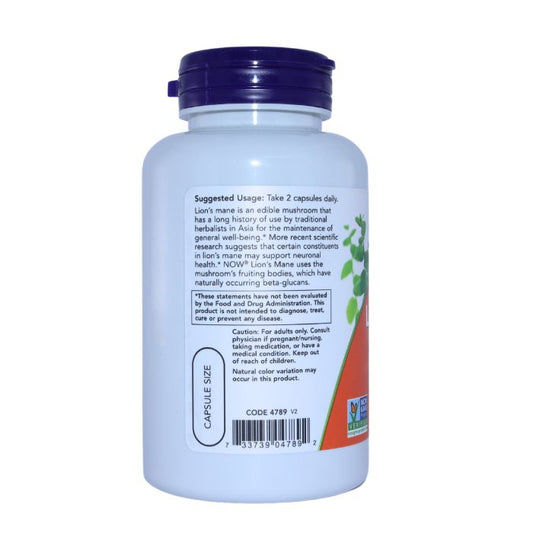 Back view of NOW Lion's Mane 500mg supplement bottle, showing suggested usage instructions and cautionary information.