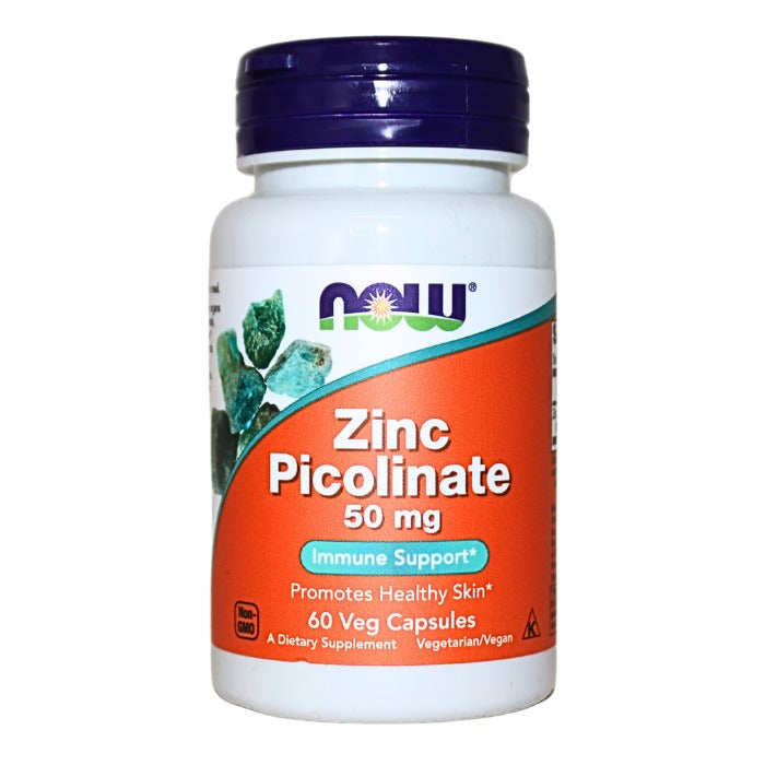 Alt tag: Zinc Picolinate 50 mg by NOW, a vegan dietary supplement that supports immune system health and promotes healthy skin with enhanced zinc absorption.