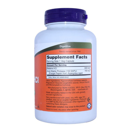 Back view of NOW Betaine HCL bottle showing the supplement facts, detailing the content of Betaine HCL and acid-stable protease (fungal pepsin) per capsule.