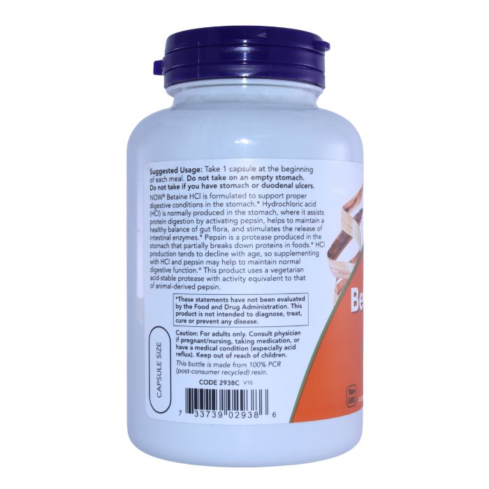 Side view of NOW Betaine HCL bottle with usage instructions and product description, explaining the benefits for maintaining normal digestive function and gut flora balance.