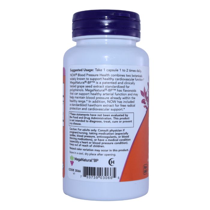Side view of NOW Blood Pressure Health bottle with usage instructions and product description, explaining the benefits of grape seed extract and hawthorn extract for heart health and blood pressure support.