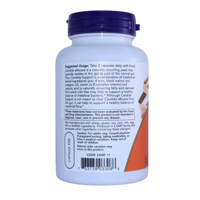 NOW Candida Support bottle back view detailing usage instructions, health benefits, and product certifications.