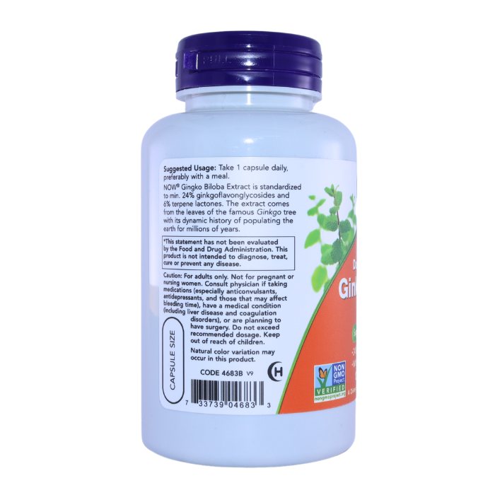 Side view of a NOW Ginkgo Biloba 120mg bottle, highlighting the supplement facts and ingredients list.