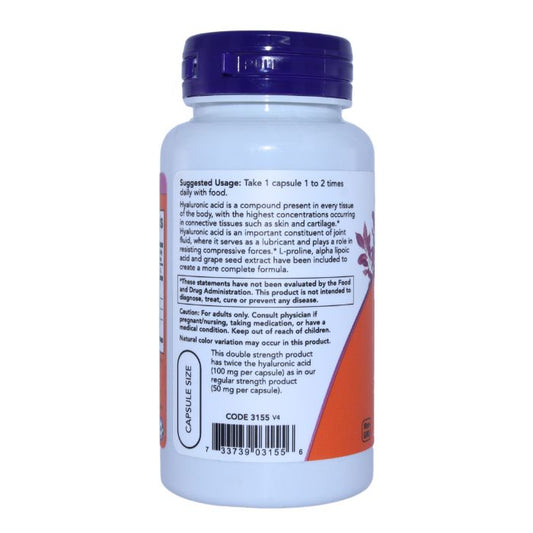 Back view of NOW Double Strength Hyaluronic Acid 100mg supplement bottle, showing suggested usage instructions and cautionary information.