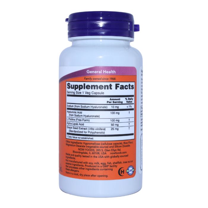 Side view of NOW Double Strength Hyaluronic Acid 100mg supplement bottle, displaying the supplement facts and ingredients list.