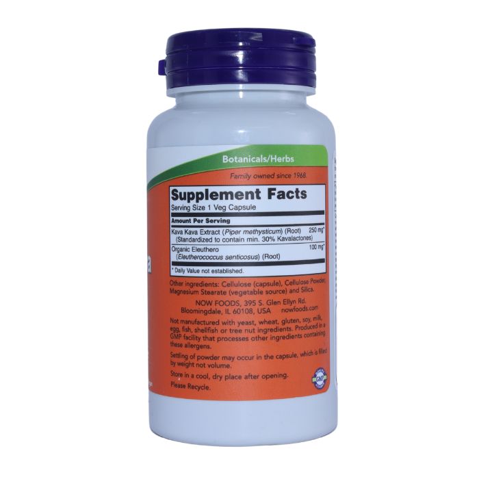 Side view of NOW Kava Kava Extract 250mg supplement bottle, displaying the supplement facts and ingredients list.