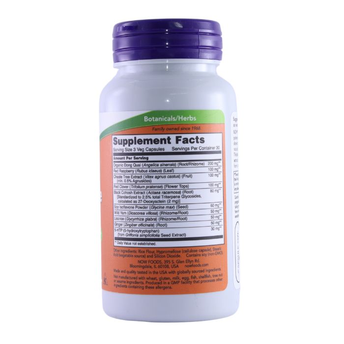 Side view of NOW Menopause Support supplement bottle, displaying the supplement facts and ingredients list.