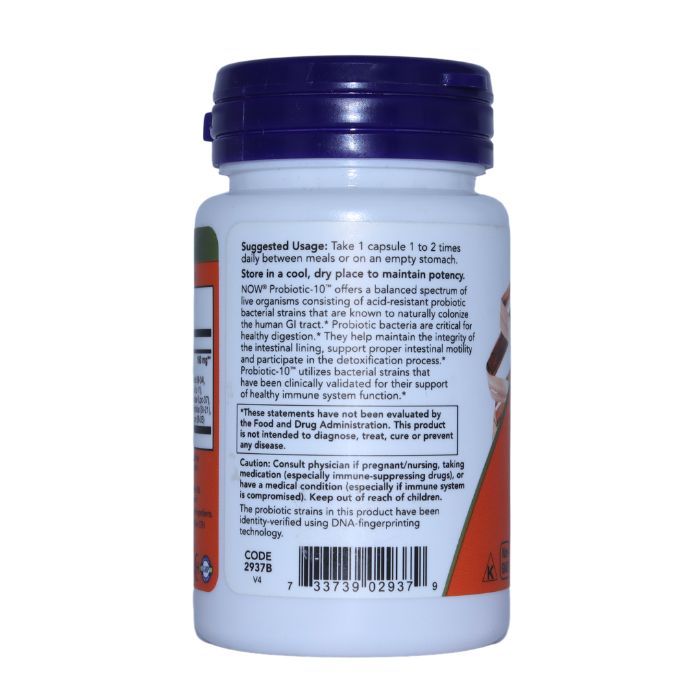 Side view of NOW Foods Probiotic-10 25 Billion supplement bottle, showing suggested usage instructions and product informatio
