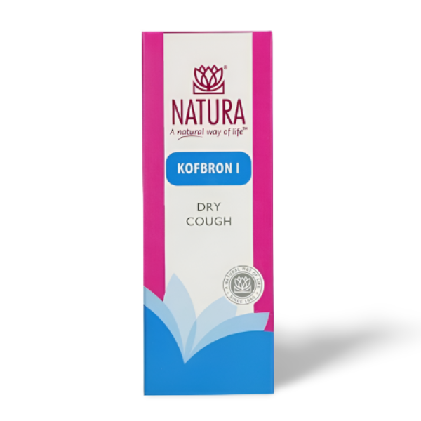 NATURA Kofbron I – homeopathic remedy for dry, persistent cough and throat irritation, safe and non-drowsy respiratory support.