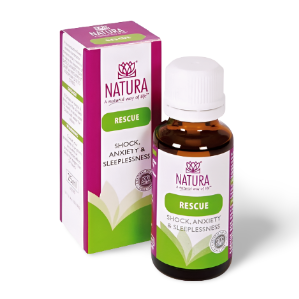 NATURA Rescue Drops – natural homeopathic remedy for shock, anxiety and sleeplessness in calming 25ml tincture format.