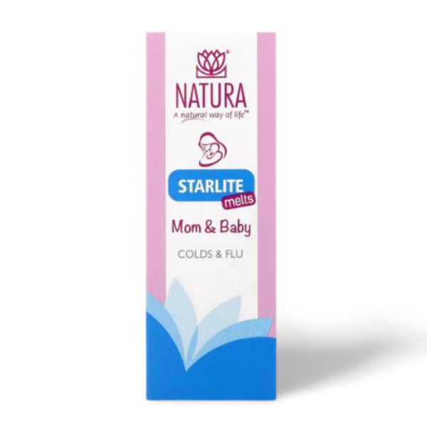 NATURA BABY Starlite Melts for gentle homeopathic support in treating colds and flu symptoms in babies, toddlers, and mums.