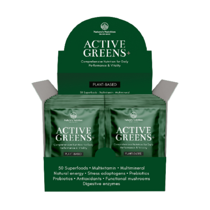 Nature's Nutrition Active Greens+ Box – 30 plant-based superfood sachets with vitamins, minerals, probiotics, adaptogens, and antioxidants.