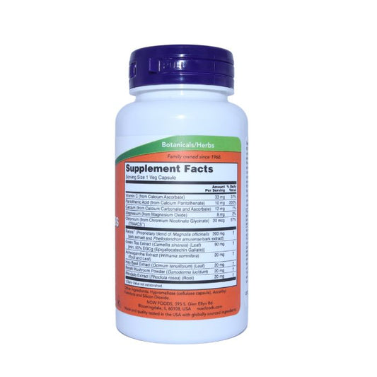 Back view of NOW Adrenal Stress Support bottle showing the supplement facts, including vitamins and proprietary blend ingredients such as Magnolia officinalis and Relora.