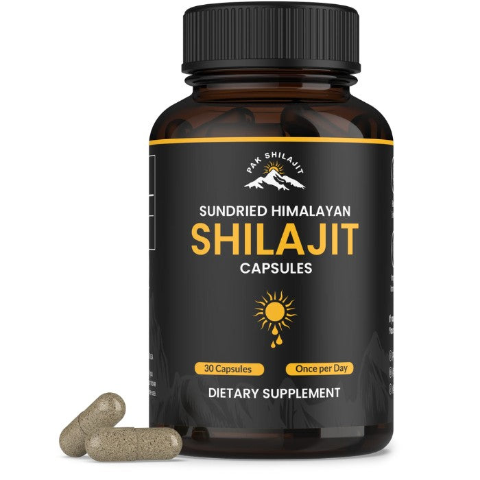 Pak Shilajit Sundried Himalayan Shilajit Capsules – rich in fulvic acid, minerals, and antioxidants to support energy, stamina, and recovery.
