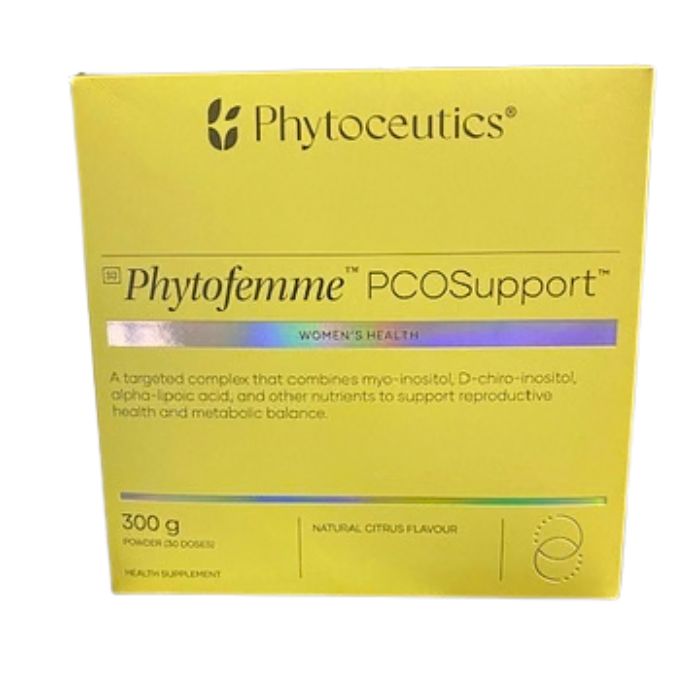 Phytoceutics Phytofemme PCO Support women’s health supplement with myo-inositol, D-chiro-inositol and reproductive health nutrients.