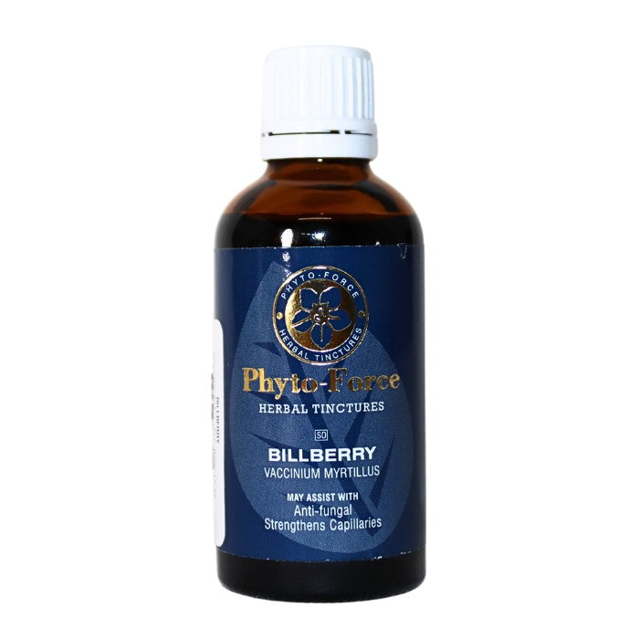 Alt text: Phyto-Force Billberry herbal tincture made from Vaccinium myrtillus to support capillary strength and provide natural anti-fungal benefits.