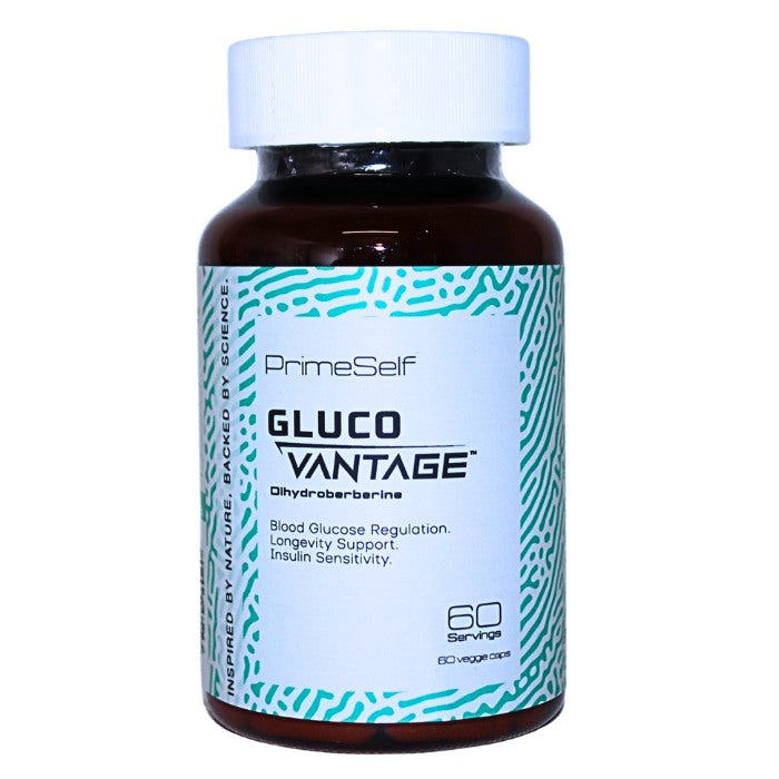 PrimeSelf GlucoVantage supplement with dihydroberberine formulated to support blood glucose regulation, enhance insulin sensitivity, and promote longevity.