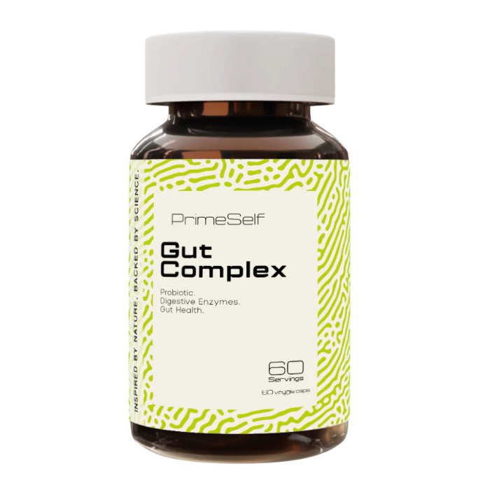 PrimeSelf Gut Complex - Probiotic and digestive enzyme supplement for gut health, 60 veggie capsules in a brown bottle with a white cap.